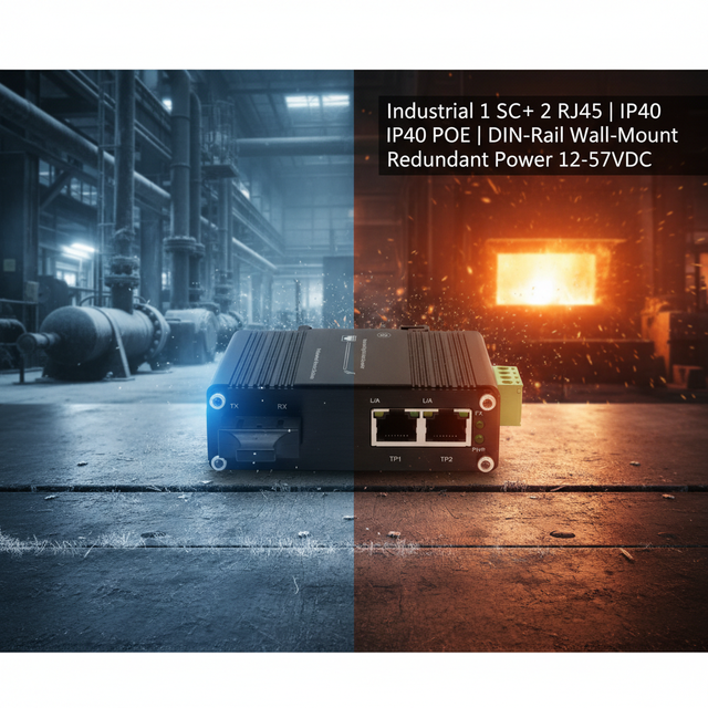 Industrial 1x1000X SC+ 2x10/100/1000T Ethernet Switch | IP40 Protection | POE | DIN-Rail Wall-Mount | Redundant Power 12-57VDC