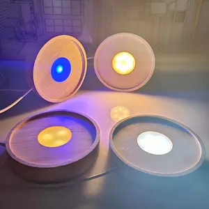 Suporte de madeira redondo para lâmpadas noturnas, suporte com luz LED de 10 cm, alimentado por USB, para peças centrais de cristal 3D, ornamentos de resina e artes