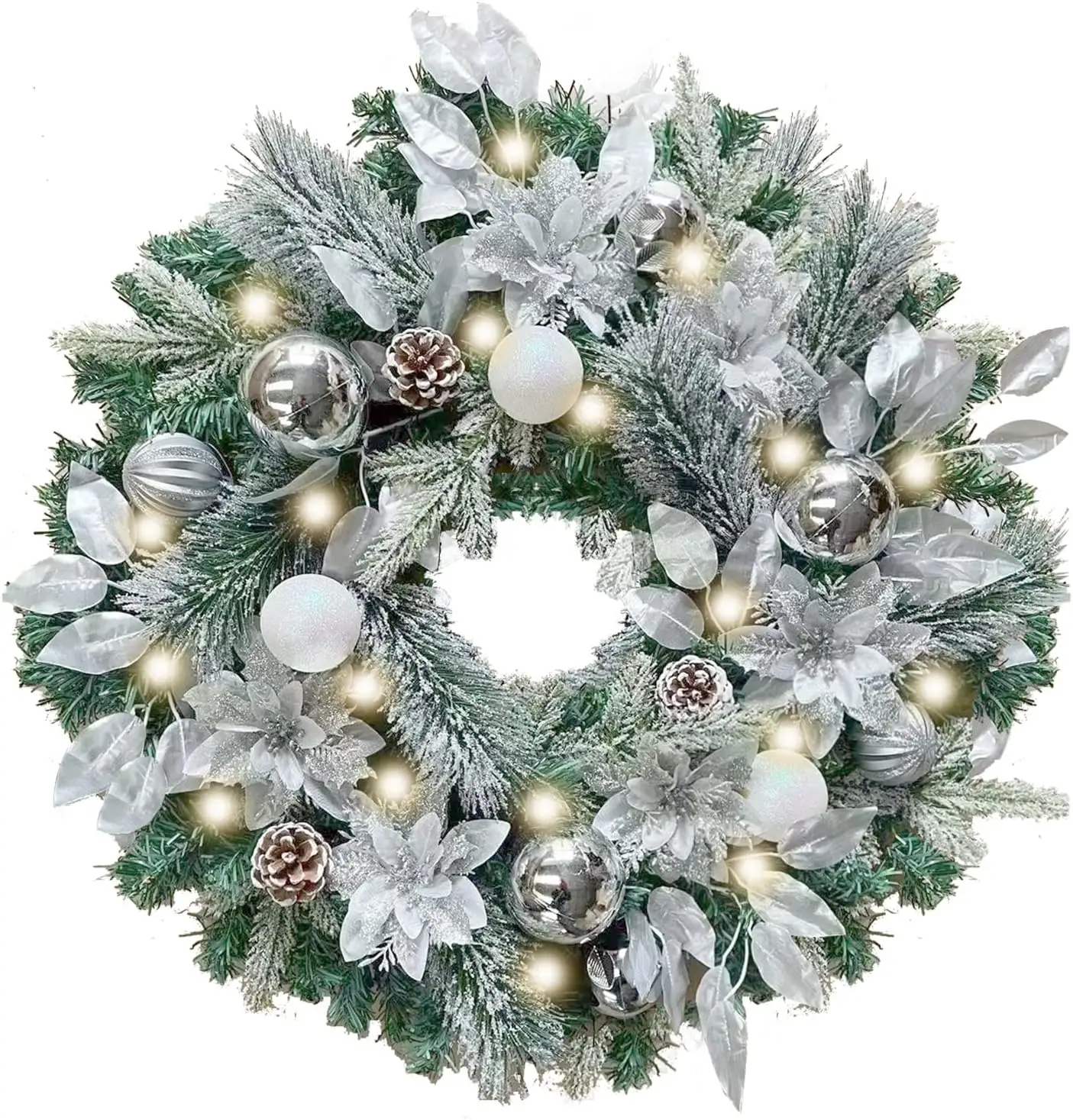 Guirnalda navideña iluminada previamente para decoración de puerta delantera con adornos de bolas de Navidad blancas plateadas de 24 pulgadas