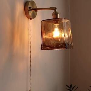 Japanese Retro Brass Glass Wall Lamp <b>Pull</b> <b>Cord</b> Switch for Bedroom Bedside Bathroom Dressing Room Background Wall <b>Light</b> Fixture - Product Image 5