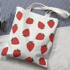 Large Capacity Eco Friendly Korean Style Promotional Strawberry Print Customizable Design <b>Medium</b> <b>Size</b> Handled Canvas <b>Bag</b> - Product Image 1