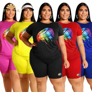 Promo conjunto de roupas feminino, conjunto de 2 peças plus size 2xl 3xl 4xl 5xl duas peças camiseta e conjunto combinando curto