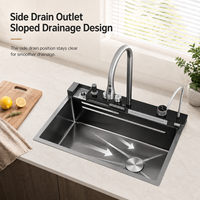 Évier de cuisine multifonctionnel fait main en acier inoxydable SUS304 noir nano, à montage sous plan, avec cascade et lave-tasses extractible, vente chaude, OEM