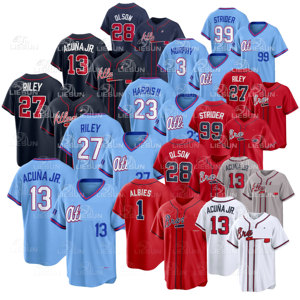 Camiseta de Hombre del Estadio Atlanta City Connect 2026, Número 13 # Acuna Jr 23 # Harris 27 # Riley 28 # Camiseta de Béisbol Americana Cosida Olson 10Jones - Product Image 1