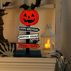 Panneau décoratif d'Halloween en bois, tête de citrouille effrayante, décoration de table pour farces, 8x4x14CM, LED blanc chaud pour la maison et la maison hantée - Product Image 6