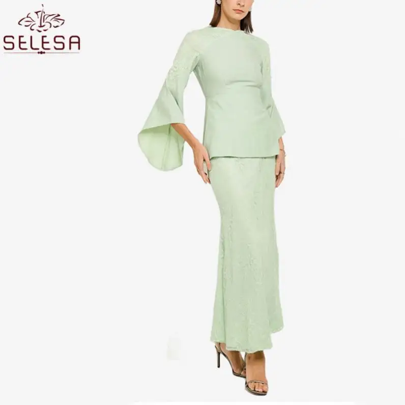 Reine Farbe Abaya Spitzen kleid 2 Set Islamische Kleidung Kebaya Baju Kurung