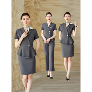 Grey Short Sleeve Suit Set Women Summer Professional Uniform Receptionist Workwear Commute Formal Wear Skirt Pants Option - Product Image 1