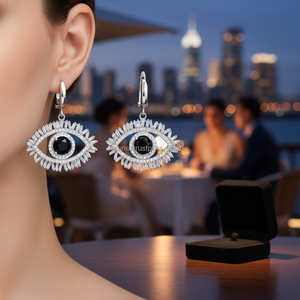 Eye Baguette <b>Black</b> Zircon CZ Handmade Sterling Silver Handcrafted Rhodium Plated <b>Dangle</b> <b>Earring</b> - Product Image 3