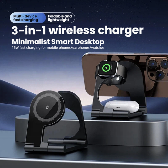 Portable Desktop 3 in 1 Multi-functional Wireless Charger Station Folding 15W Fast Magnet Charger Dock for iPhone iWatch AirPods