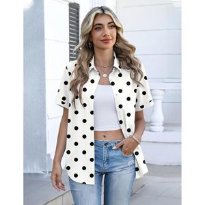 Camisa de Mujer con Botones y Estampado de Lunares, Manga Corta, Cuello Camisero, Blusa Informal, Tela Popelina, para Uso Diario - Product Image 3