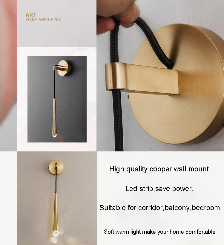 Nordic european modern bedroom living room led wall bracket metal gold copper tube wall lamp hotel indoor simple wall sconce
