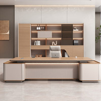 Bureau de direction en bois de luxe en forme de L avec armoire latérale, ensemble de chaises de bureau commerciales modernes haut de gamme