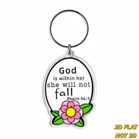 Porte-clés « Dieu est en elle, elle ne tombera pas » - Verset biblique Psaume 46:5 avec fleur rose, breloque ovale en acrylique pour clés ou sac