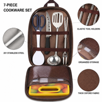 Sac de rangement portable pour ustensiles de cuisine d'extérieur, étanche en Oxford, ensemble de 7 couverts en acier inoxydable pour camping