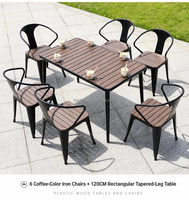 Ensemble de salle à manger pour restaurant, 7 pièces, table rectangulaire 120 cm motif parquet café, aspect bois, avec 6 chaises en métal noir, stock en gros