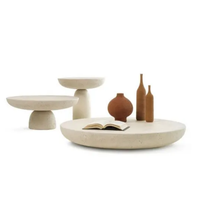 Table basse en marbre travertin poli, design simple et moderne, décoration de la maison, beige naturel, style japonais, table ronde