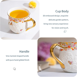 แก้วเซรามิคลายดอกไม้พร้อมลายผีเสื้อ - แก้วกาแฟลายชนบทขอบทองลายนูน - Product Image 5