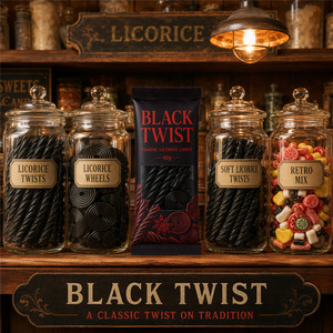 Sacchetto per alimenti monodose piatto con finestra, sigillatura a punta, nero classico, per caramelle alla liquirizia, torsioni e ruote di liquirizia retrò - Product Image 6