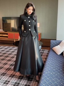 Abito da Donna <span class=keywords><strong>in</strong></span> <span class=keywords><strong>Tweed</strong></span> Nero di Alta Qualità Nuovo Materiale Autunno Inverno Elegante a Maniche Lunghe con Collo Alto - Product Image 1