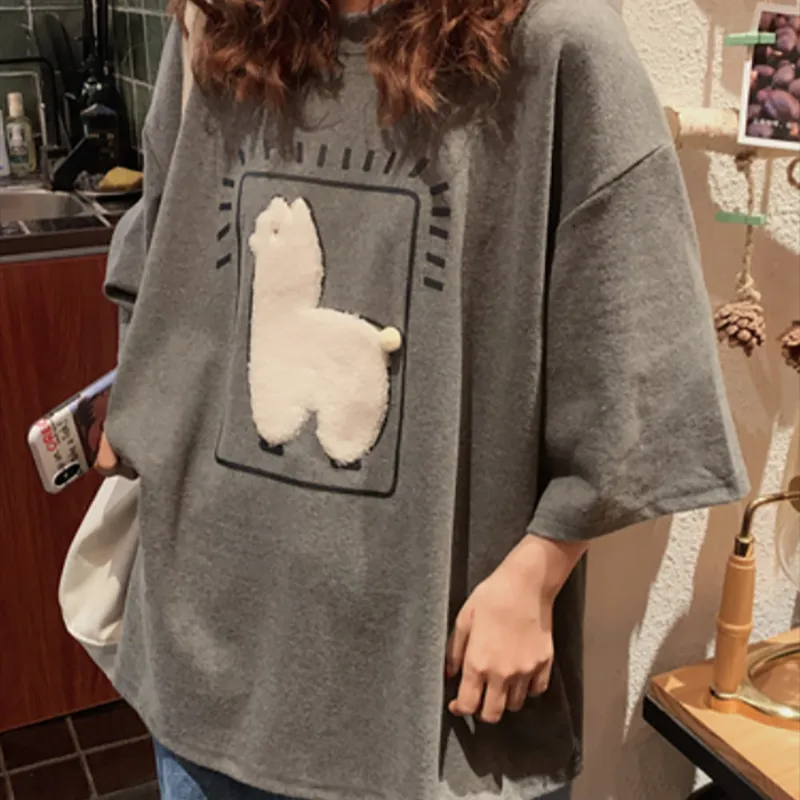 Cartoon Alpaca Animal Printed Casual Loose Oversize Korean Style 2023 Summer Short Sleeve Women Top Female T-shirts