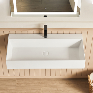 Évier moderne <span class=keywords><strong>double</strong></span> flottant à surface solide mate Lavabo rectangulaire intégré pour salle de bain d'hôtel - Product Image 3