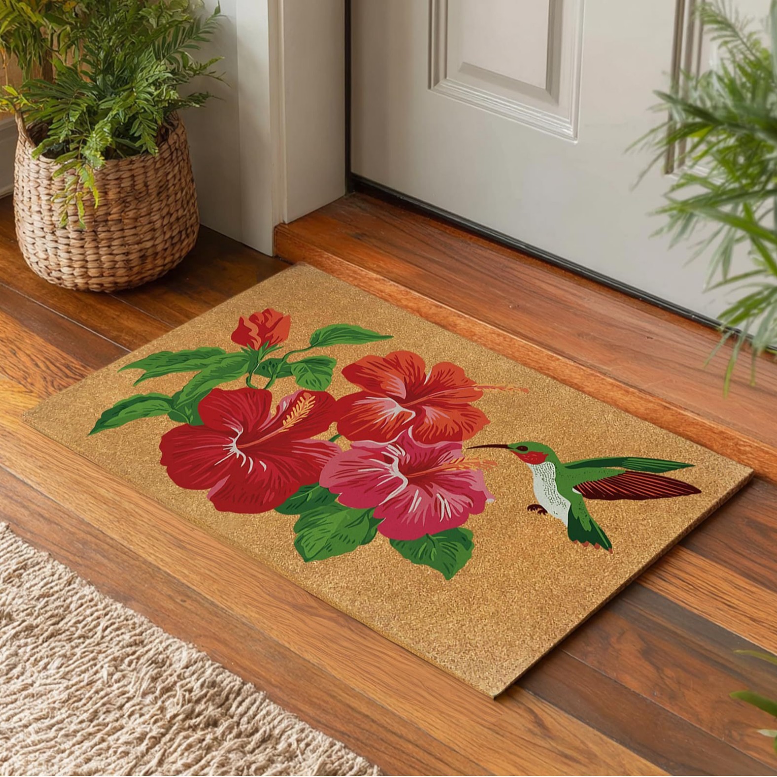 Tapis de sol en fibre de coco imitation Hibiscus Colibri
