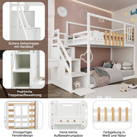 Lit superposé avec escalier et étagère Lit pour enfant en bois de pin massif avec fenêtre et barrière de protection contre les chutes Lit au sol blanc
