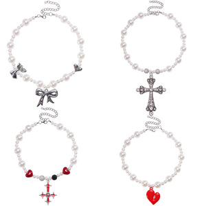 Collier punk en perles avec pendentif en forme de cœur et nœud pour femme, bijoux de fête, pendentif thématique en alliage de zinc - Product Image 5