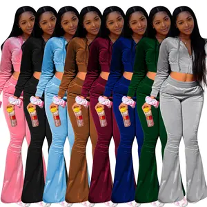 Herbst Winter Samt Zweiteiler Set Frauen Kapuze Reiß verschluss Crop Jacke Wide Leg Pants Sets Weiblich Jogging Casual Trainings anzug