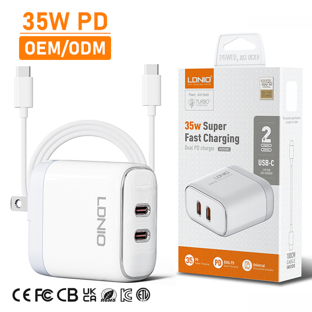 LDNIO A2528C in Stock US EU UK  Cargadores Para Celular Plug 35W Dual Usb Type C PD Phone Fast Charging Wall Charger for iPhone