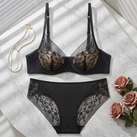Set Pakaian Dalam Wanita Berenda Bunga Hitam, Bra Berkawat Nyaman dan Set Celana Dalam Pinggang Sedang 2 Potong, Set Lingerie Elegan Ukuran Besar