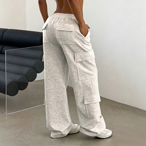 <strong>Women</strong> Heather <strong>Grey</strong> Multi-Patch-Pocket <strong>Cargo</strong> Sweatpants Elastic Waist Loose Wide Leg Streetwear Gym Casual <strong>Trousers</strong> Wholesale - Product Image 3