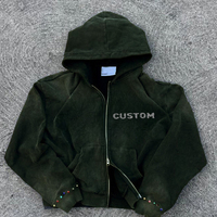 Sweat-shirt à capuche personnalisé en coton avec strass et rivets, délavé à l'acide, pour homme, coupe ample vintage, double fermeture éclair, surdimensionné, fabricant