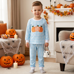 Wholesale <b>Kids</b> Girls Boys <b>Halloween</b> Pumpkin Applique <b>Pajama</b> Sets Long Sleeve Top Pants Blue Pink Plaid Striped Sleepwear Outfits - Product Image 3