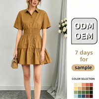 Robe Courte Femme Kaki à Manches Courtes, Taille Smockée, Jupe Étages Coupe Trapèze, Décontractée pour Vacances d'Été, OEM ODM, Échantillon en 7 Jours