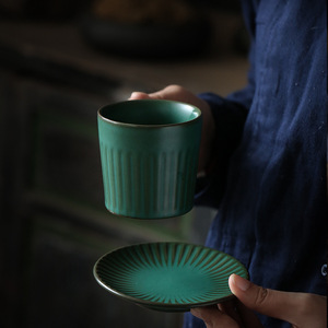 Ensemble de tasses à thé et à café en céramique, forme cylindrique, couleur unie, avec soucoupe, pour le thé de l'après-midi, glaçure vert foncé - Product Image 2