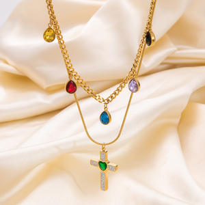 <b>Cross</b> Pendant Necklace Stainless Steel Double Layer <b>Chain</b> Zircon Inlay Heart Center Gift Jewelry - Product Image 1