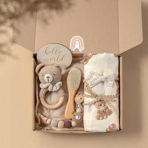 Caja de regalo para recién nacidos, juego de regalo orgánico para bebés, Manta de algodón de bambú tejida, babero de dentición y sonajero, juego de juguetes de madera - Product Image 5
