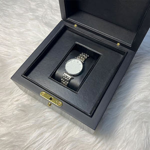 Rectangle Wooden Watch <b>Box</b> With Snap Closure <b>Black</b> Faux Leather Interior For Luxury Timepieces - Product Image 3