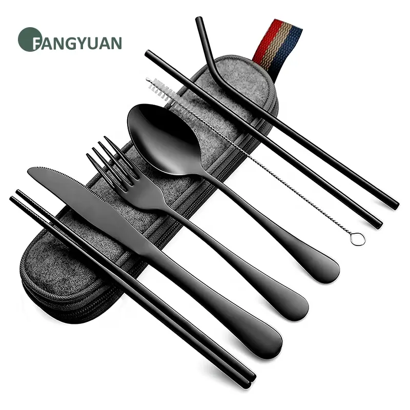 FANGYUAN Amazon klassische tragbare schwarze Metall utensilien Essstäbchen Stroh Bier öffner Bürste Reise besteck Set mit Koffer beutel