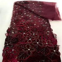 Tissu en dentelle perlée à fleurs en velours, tissu en dentelle brodé de sequins, tissu en dentelle effet velours, matériaux pour robe Asoebi