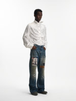Jean en denim vintage Huanqiu pour homme – Jean streetwear déchiré à taille mi-haute avec patchwork et empiècements en denim tissé