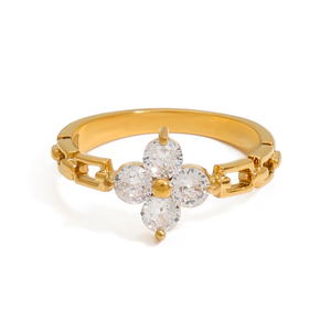 J&amp;D Modern Luxury 18K Gold Stainless Steel Lucky Leaf Clover Zircon <strong>Watch</strong> <strong>Rings</strong> for Women - Product Image 6