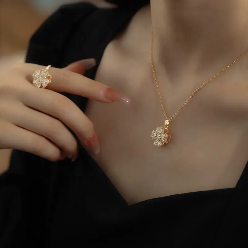 New Creative Design Gold Diamond Personality Clavicle Chain Rotating Windmill Pendant Necklace Ring Earring Jewelry For Women
