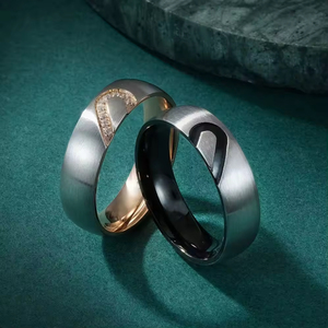 Trendy Personality New Style Jewelry Half <b>Heart</b> <b>Black</b> Rose Gold Stainless Steel Couple Rings for Women Men Jewelry Gift - Product Image 6