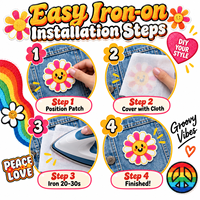 Patch brodé rétro en gros, motif Hippie Paix Amour Fleur Arc-en-ciel Groovy, thermocollant ou à coudre