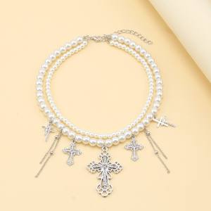 Double Layered Faux Pearl <b>Cross</b> Necklace With Tassel Pendant White K Fashionable Clavicle <b>Chain</b> For Women - Product Image 3