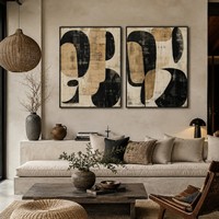 Peinture sur toile abstraite de style mid-century moderne, formes géométriques beige et noires, peinte à la main, art mural bohème pour salon