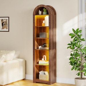Bibliothèque en bois cintrée avec éclairage LED et rangement ouvert pour salon, bureau, chambre - Product Image 6
