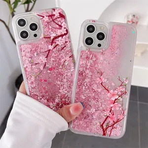 Funda para teléfono móvil Pink <span class=keywords><strong>Peach</strong></span> Blossom Quicksand para iPhone 16 15 14 12 Pro Max Love Hearts Sparkles Liquid <span class=keywords><strong>Cover</strong></span> Flower Design - Product Image 2
